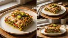 Lasagna di verdure con besciamella: carciofi, peperoni e fiori di zucca