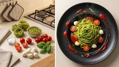 Tagliatelle verdi di Halloween: pesto, pomodoro e mozzarelline in un piatto scenografico