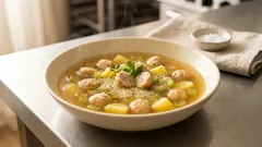 Zuppa alla Santè: brodo, sedano e patate con polpettine morbide (e leggere)