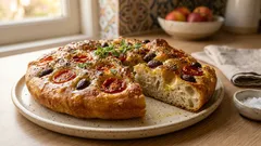 Focaccia ispirata alla barese: alta e soffice, con pomodori, olive e origano