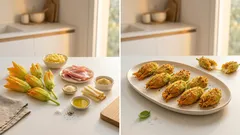 Fiori di zucca filanti al forno: ripieni di patate, prosciutto e scamorza in 10 minuti